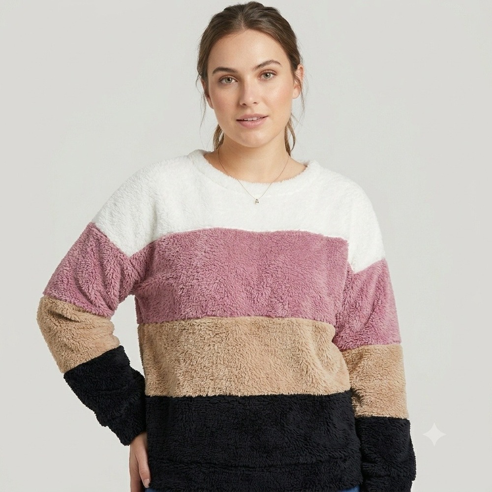 Colorblock Fuzzy Sherpa Fleece Sweater Cozy Teddy Knit Pullover Mauve Tan S NWOT